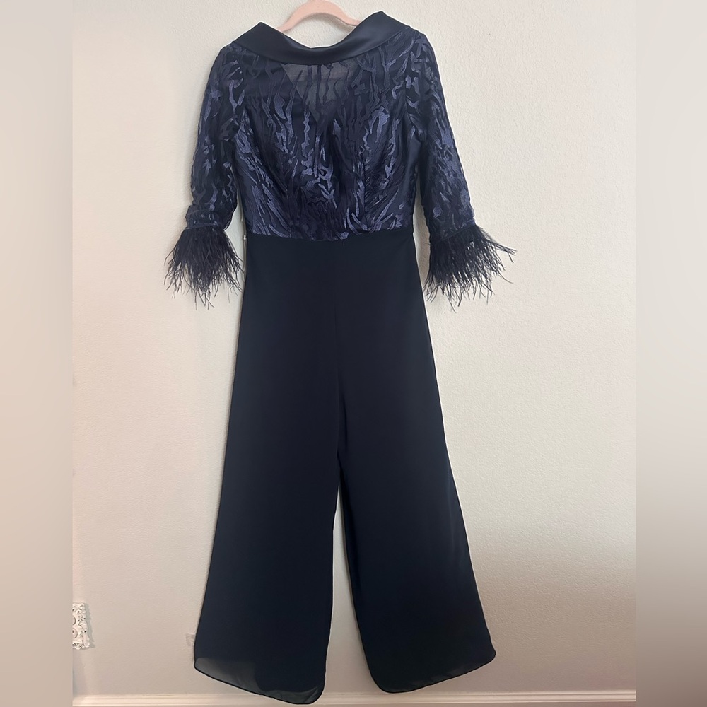 New! LT Lan Ting bride navy feather trim, pant suit